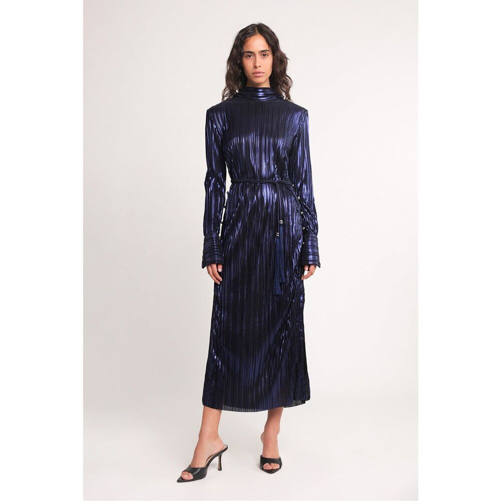 Sabina Musáyev Azura Metallic Pleated Long-Sleeve Midi Dress Medium $455